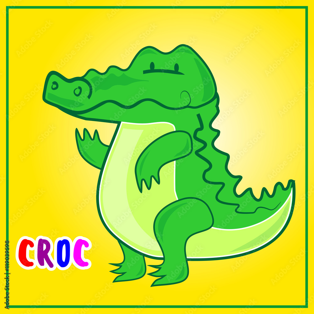 Fototapeta premium Funny, cartoon, green, isolated, crocodile