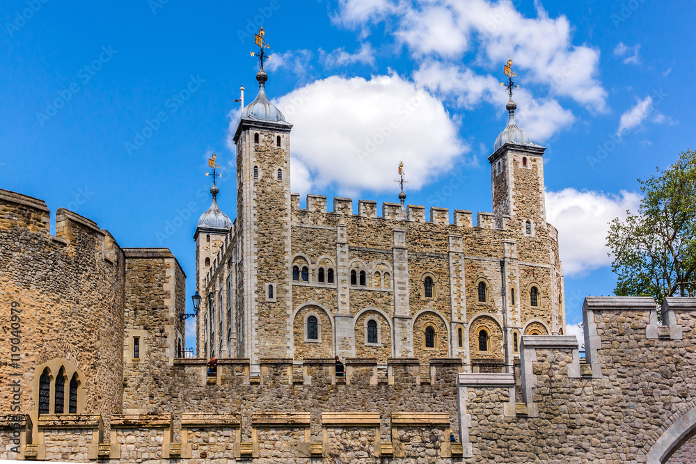 Historic castle Tower of London. View from outside walls. UK.