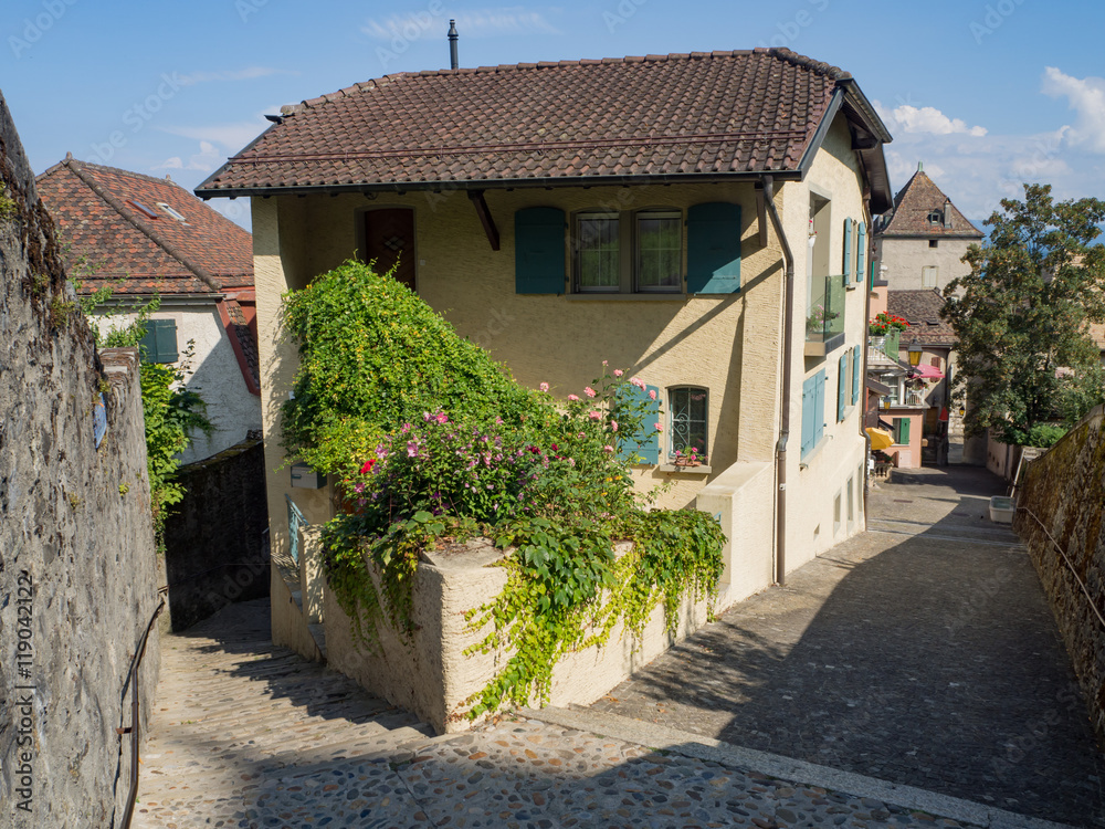 Obraz premium Paisaje urbano con una casa al bajar las escaleras desde el Castillo de Nyon en Suiza viajando en verano de 2016.
