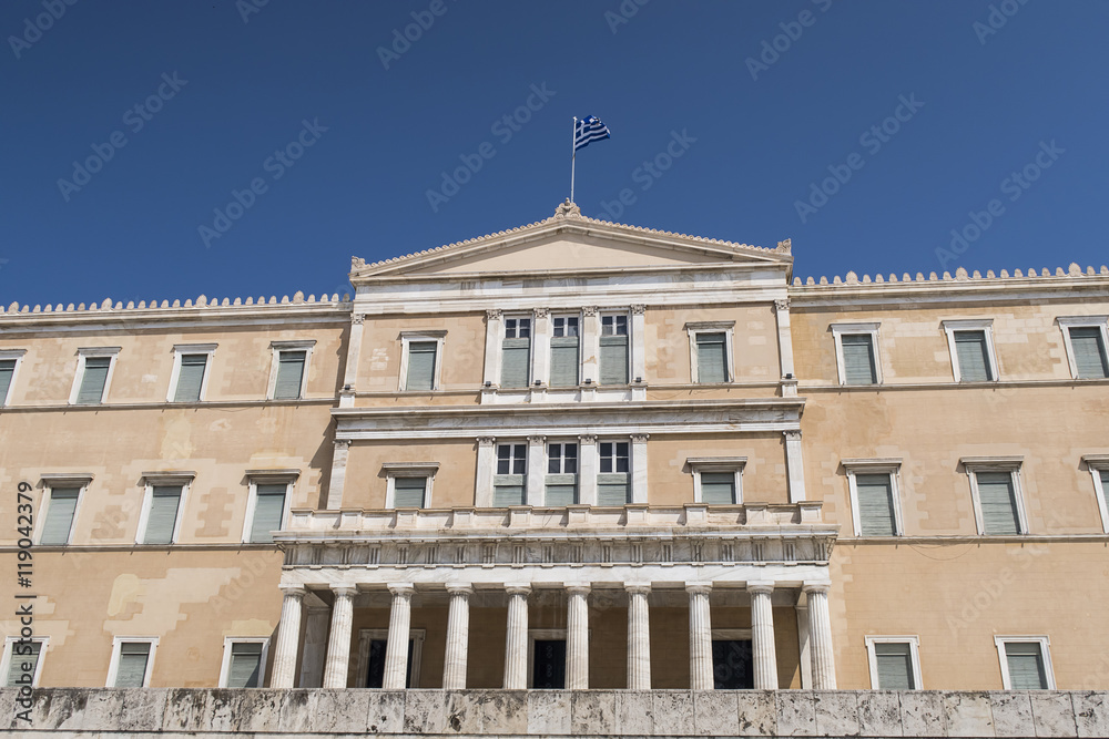 Greek Parliament (Vouli) facade at Syntagma square in Athens. The building was inaugurated in 1843.