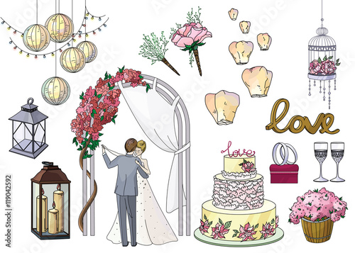 Big set of wedding decorative elements and attributes with bride and groom