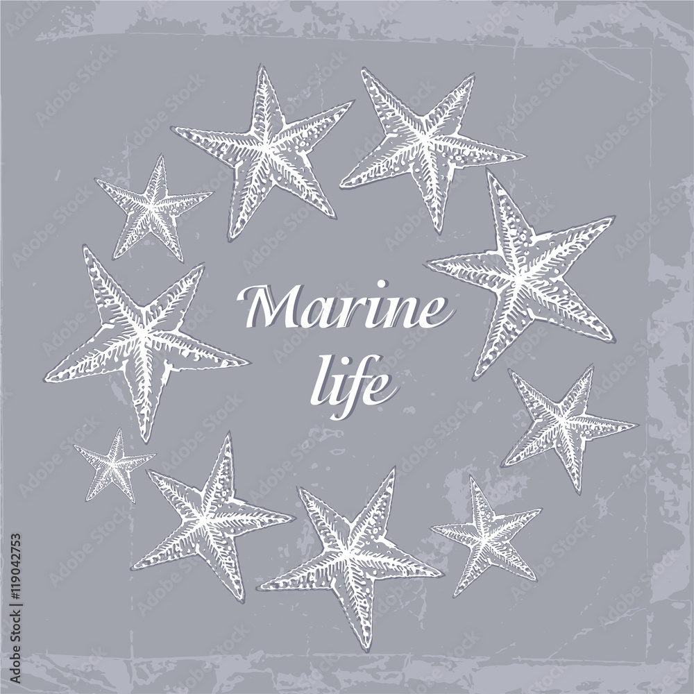 Gentle Decorative sea card with starfishes in shades of gray. Can be used as a greeting card or wedding invitation