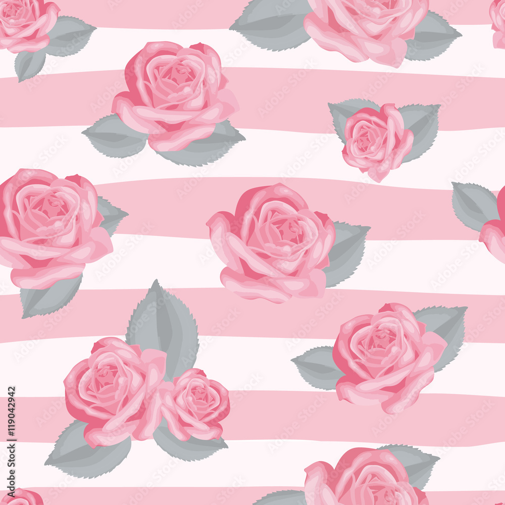 Retro floral seamless pattern. Roses with leaves on pink and white striped background. Vector illustration.