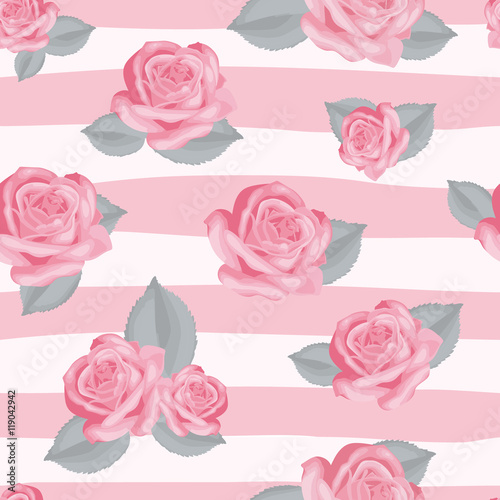 Retro floral seamless pattern. Roses with leaves on pink and white striped background. Vector illustration.