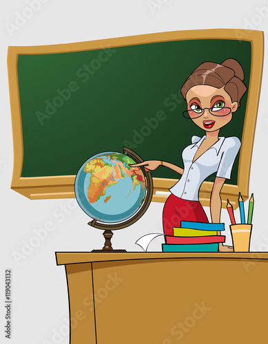 cartoon beautiful woman teacher shows on the globe