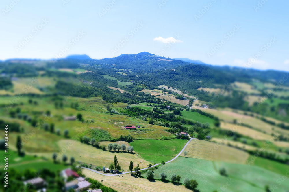 The Valmarecchia landscape, Italy. Tilt-shift effect applied.