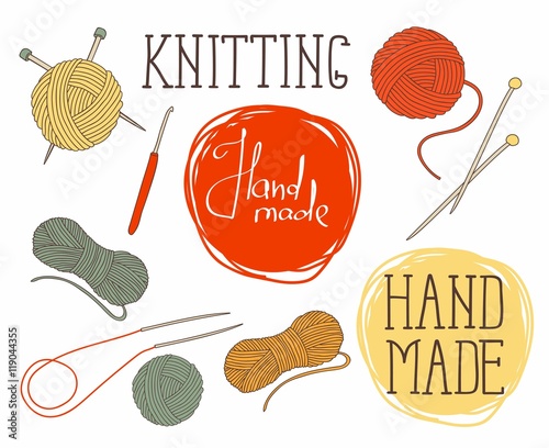 set of elements for design - skeins of thread, needles, hook