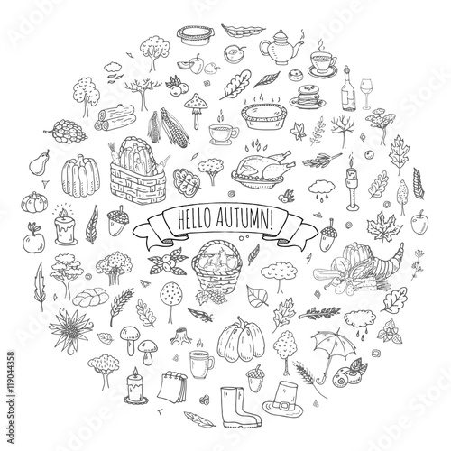 Hand drawn doodle Autumn icons set. Vector illustration. Fall symbols collection. Cartoon various seasonal elements  turkey  harvest  vegetables  pumpkin pie  leaves  trees  hot tea  wine  mushrooms