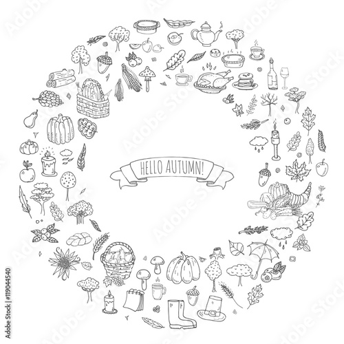 Hand drawn doodle Autumn icons set. Vector illustration. Fall symbols collection. Cartoon various seasonal elements  turkey  harvest  vegetables  pumpkin pie  leaves  trees  hot tea  wine  mushrooms