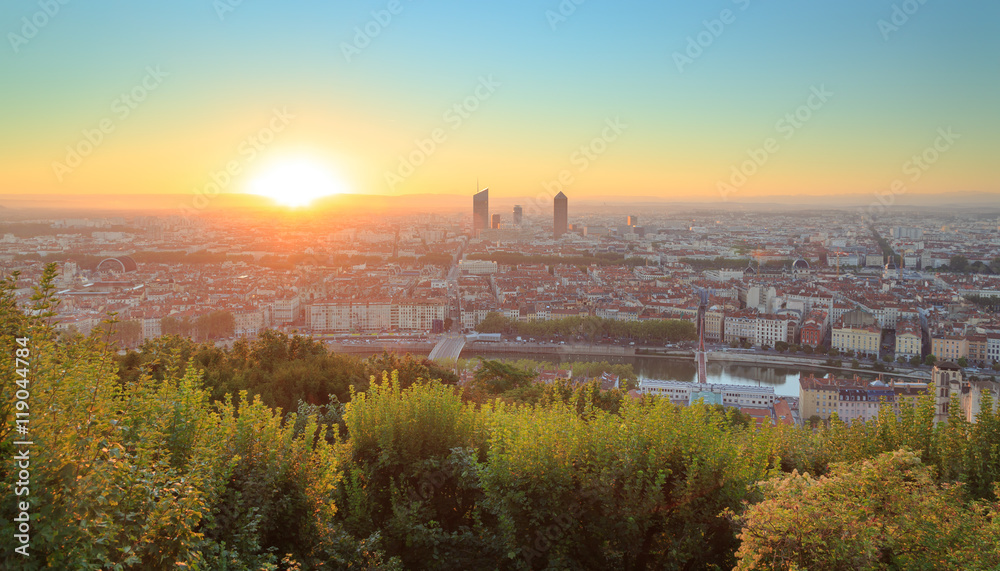 Lyon during a warm, summer sunrise. Seen from Fourviere Baslilica.