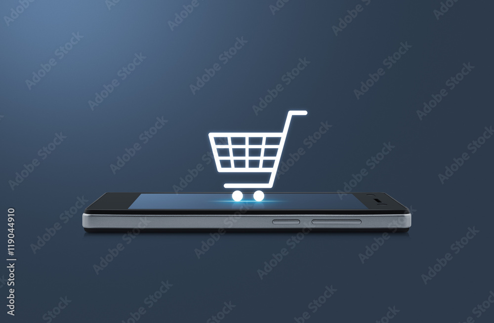 Shopping cart icon on modern smart phone screen over light blue Shopping cart icon on modern smart phone screen over light blue