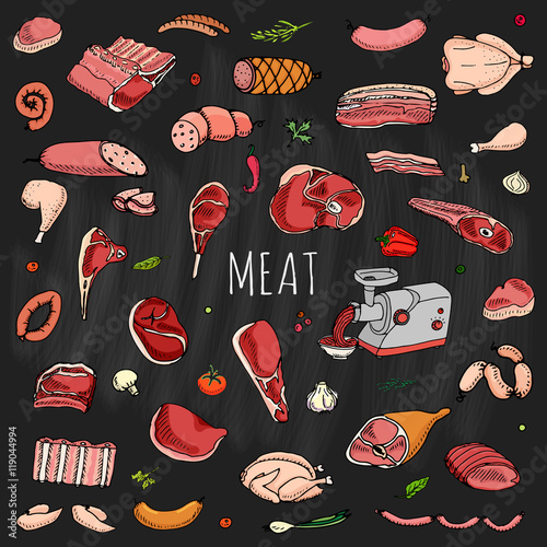 Hand drawn doodle set of cartoon different kind of meat and poultry. Vector illustration set. Sketchy food elements collection: Lamb, Pork, Ham, Mince, Chicken, Steak, Bacon, Sausage, Salami, Veggie.