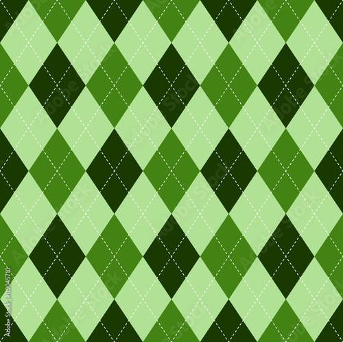 Seamless argyle pattern in shades of green with white stitch.