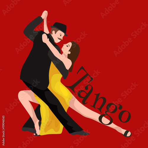 Yong couple man and woman dancing tango with passion, tango dancers vector illustration isolated on red. Latin and ballroom dances, peoples dansing tango, girl and boy tangoing