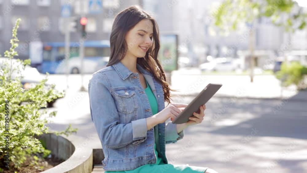 happy young woman or teenage girl with tablet pc happy young woman or teenage girl with tablet pc
