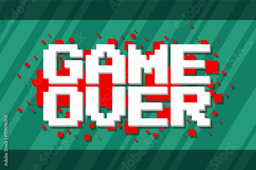 Pixel computer game over screen on red background