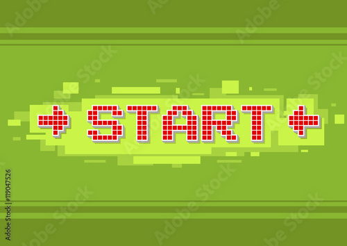 Pixel red start button on green background