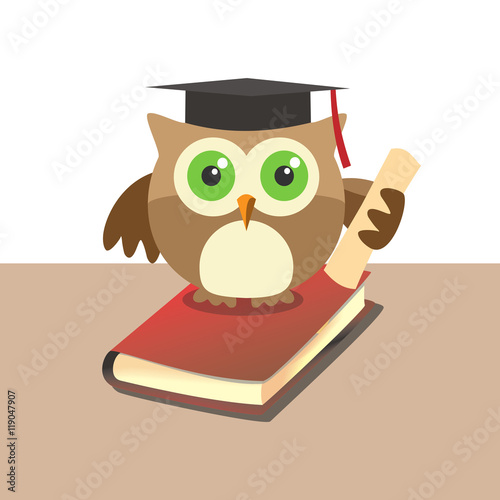 Ilustración de un búho sabio con un birrete y un diploma sobre un libro