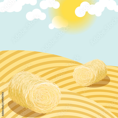 Hay bales on rural field on a sunny day illustration. Straw bales on wheat country fields. Agriculture landscape.