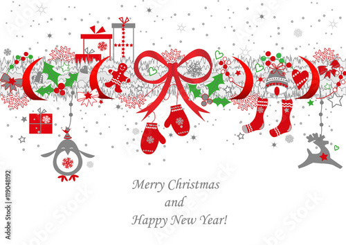 Weihnachtspostkarte mit Girlande und weihnachtlichen Elementen