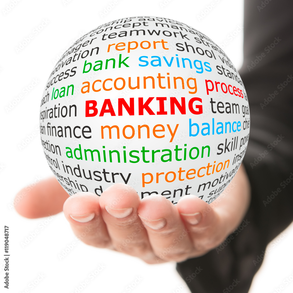 Banking concept. Hand take white ball with wordcloud and banking word in red color. Banking concept. Hand take white ball with wordcloud and banking word in red color.