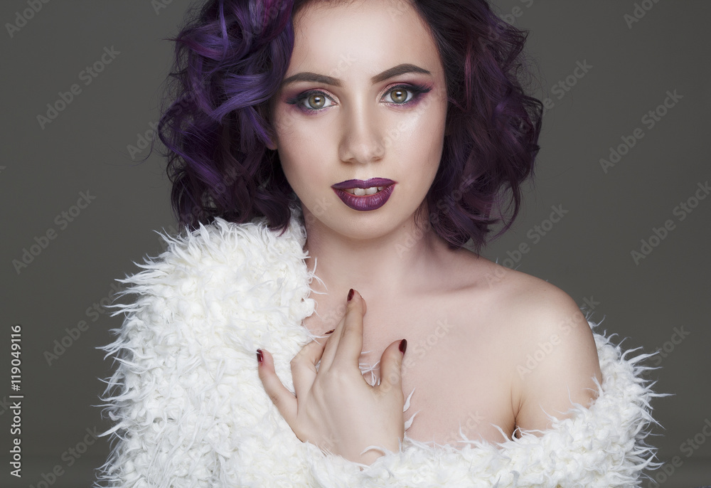 Portrait of beautiful fashion model with violet hair Portrait of beautiful fashion model with violet hair