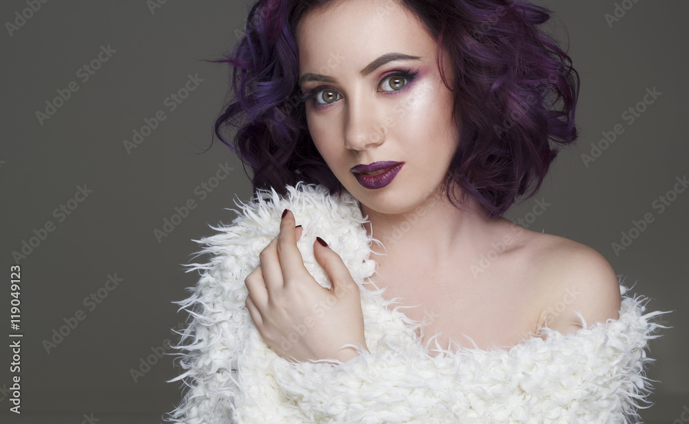Portrait of beautiful fashion model with violet hair Portrait of beautiful fashion model with violet hair