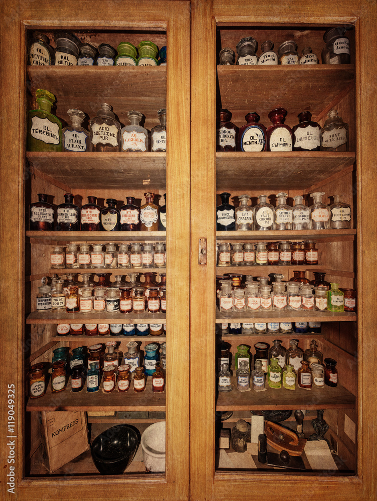 Bottles on the shelf in old pharmacy