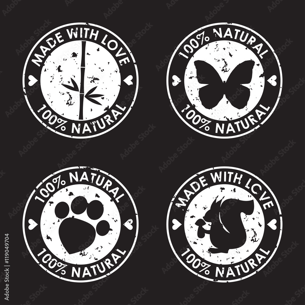 Stamp set. Round old distort eco friendly stamp. Nature, animal products, wildlife them