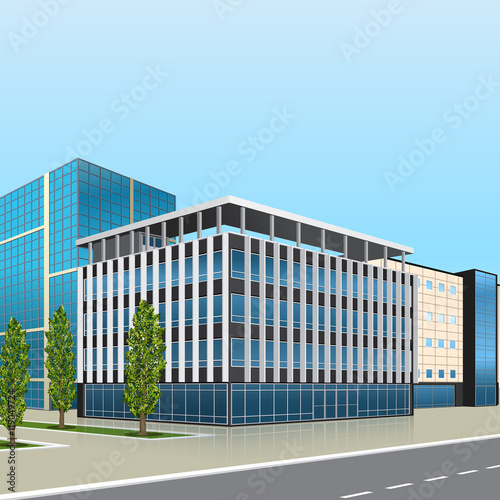 office building with an entrance and reflection