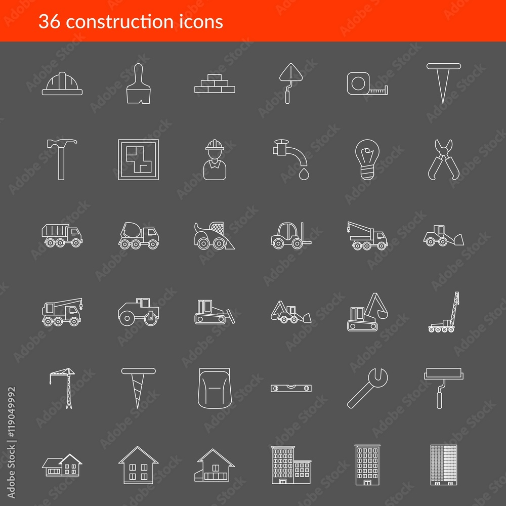 Vector outline construction icons on dark background Vector outline construction icons on dark background