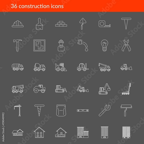 Vector outline construction icons on dark background