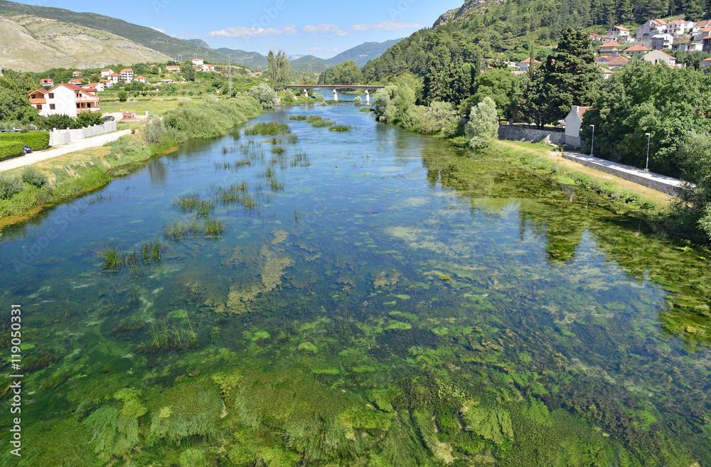 The Trebisnjica River as it flows through the town of Trebinje in southern Bosnia.
