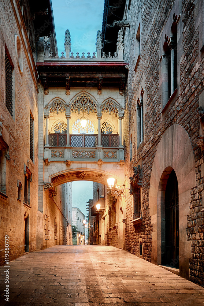 Barri Gothic Quarter and Bridge of Sighs in Barcelona, Catalonia