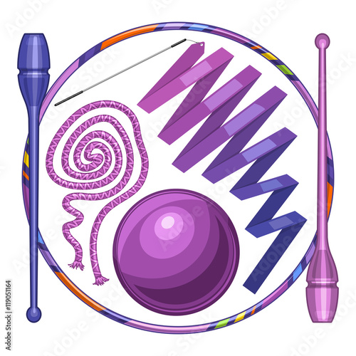Vector abstract logo for rhythmic gymnastics consisting of purple ribbon with handle, lilac skipping rope cord, blue clubs and gymnastic ball, hula hoop. Decorative sports equipment.