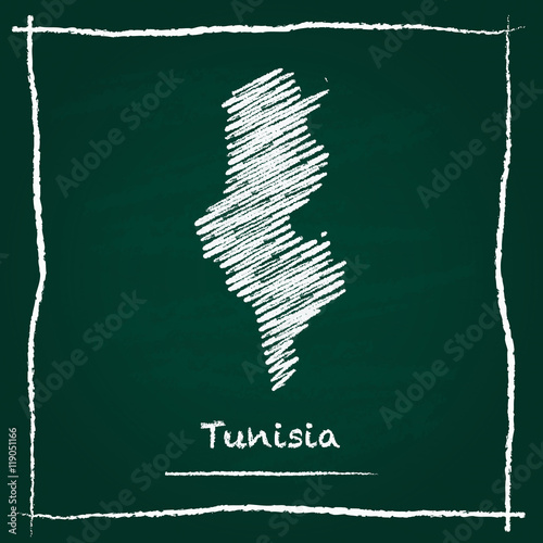 Tunisia outline vector map hand drawn with chalk on a green blackboard. Chalkboard scribble in childish style. White chalk texture on green background.