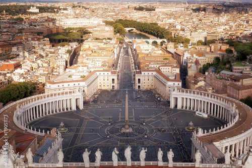 St. Peter's Square from the top view / Panoramic view from St. Peter's Square with its obelisk, Viale della Conciliazione and in the background the river Tiber.