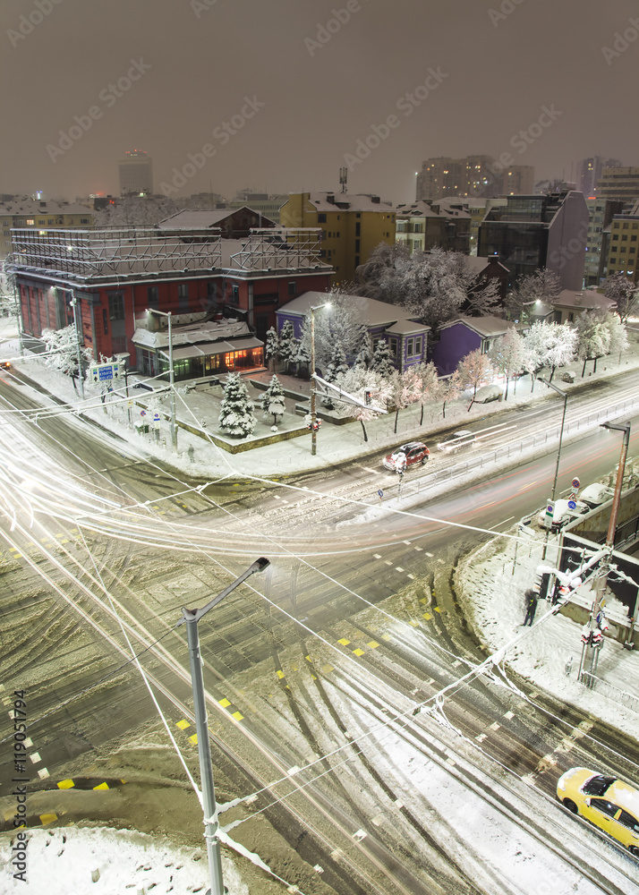 Fototapeta Sofia winter snowy boulevards sityscape.