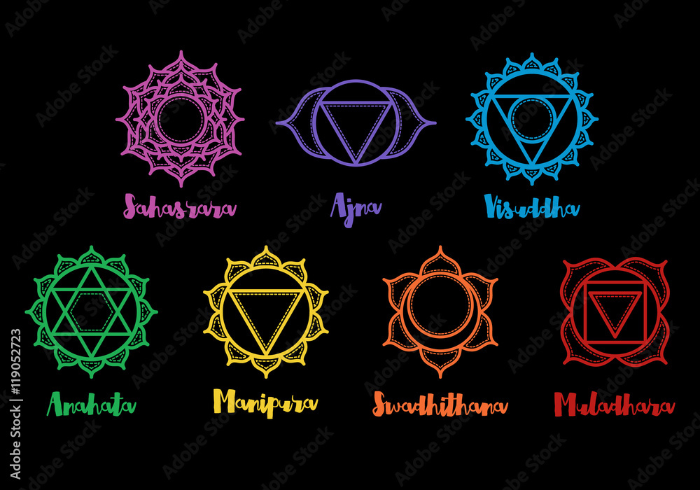 Isolated Set of beautiful indian ornamental chakras. Vector illustration. Color yoga chakra icons isolated on black. 7 geometric chakra mandalas. Sacred Geometry. - obrazy, fototapety, plakaty 