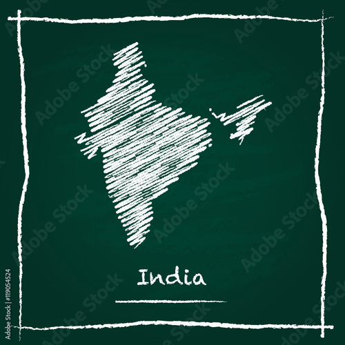 India outline vector map hand drawn with chalk on a green blackboard. Chalkboard scribble in childish style. White chalk texture on green background.