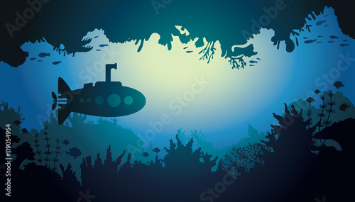 Underwater cave and submarine.