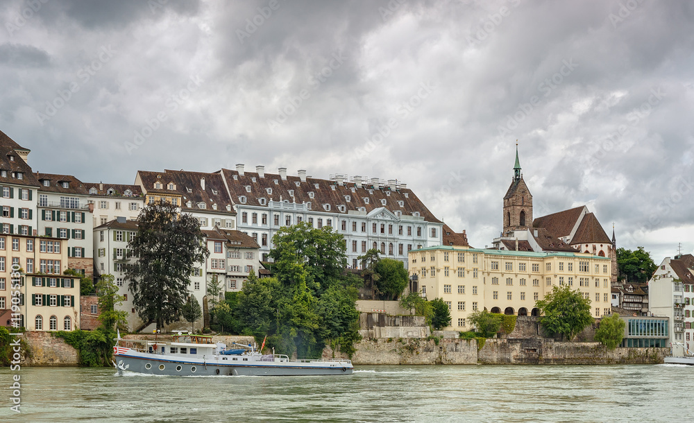 Fototapeta premium Embankment of the Rhine river in the Swiss city of Basel. Switzerland.