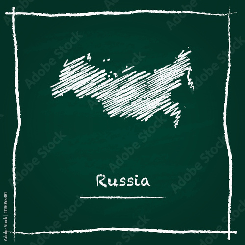 Russian Federation outline vector map hand drawn with chalk on a green blackboard. Chalkboard scribble in childish style. White chalk texture on green background.