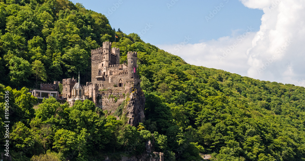 Landmark Rheinstein Castle in the famous Rhine Gorge north of Rudesheim, Germany