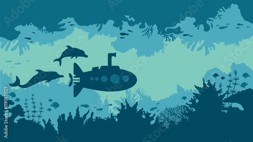 Silhouette of submarine, coral reef and fish.