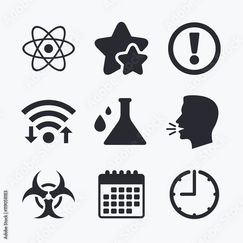 Attention biohazard icons. Chemistry flask.