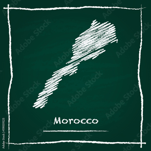 Morocco outline vector map hand drawn with chalk on a green blackboard. Chalkboard scribble in childish style. White chalk texture on green background.