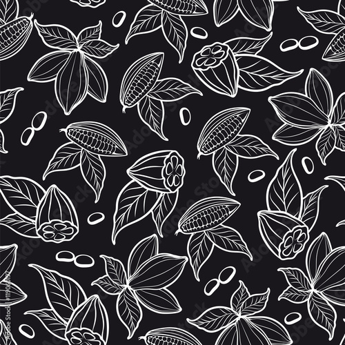 Black and white seamless pattern with cocoa beans. Vector illustration