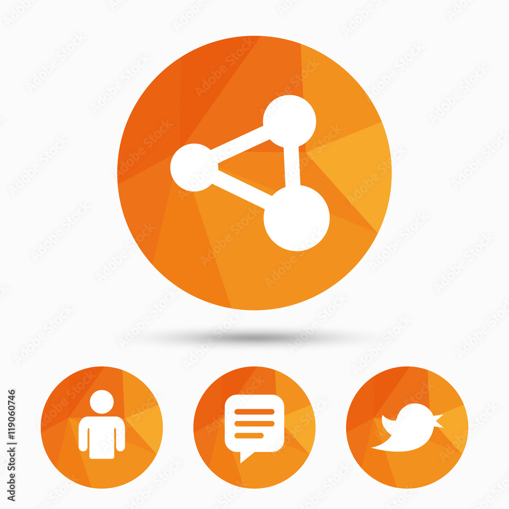 Human person and share icons. Speech bubble. Human person and share icons. Speech bubble.