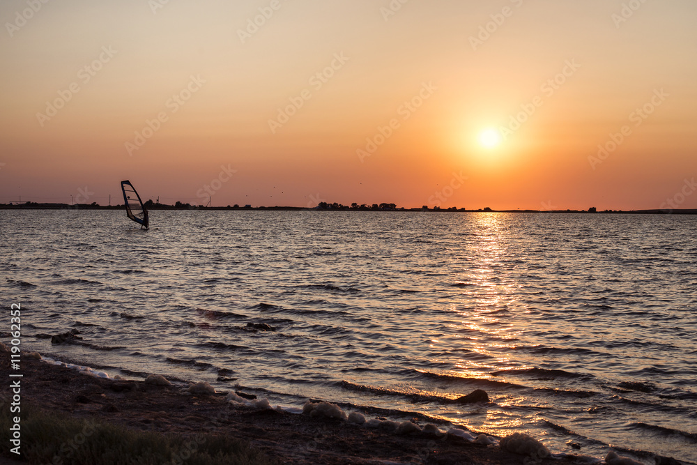 lake, sunset, kitesurfing